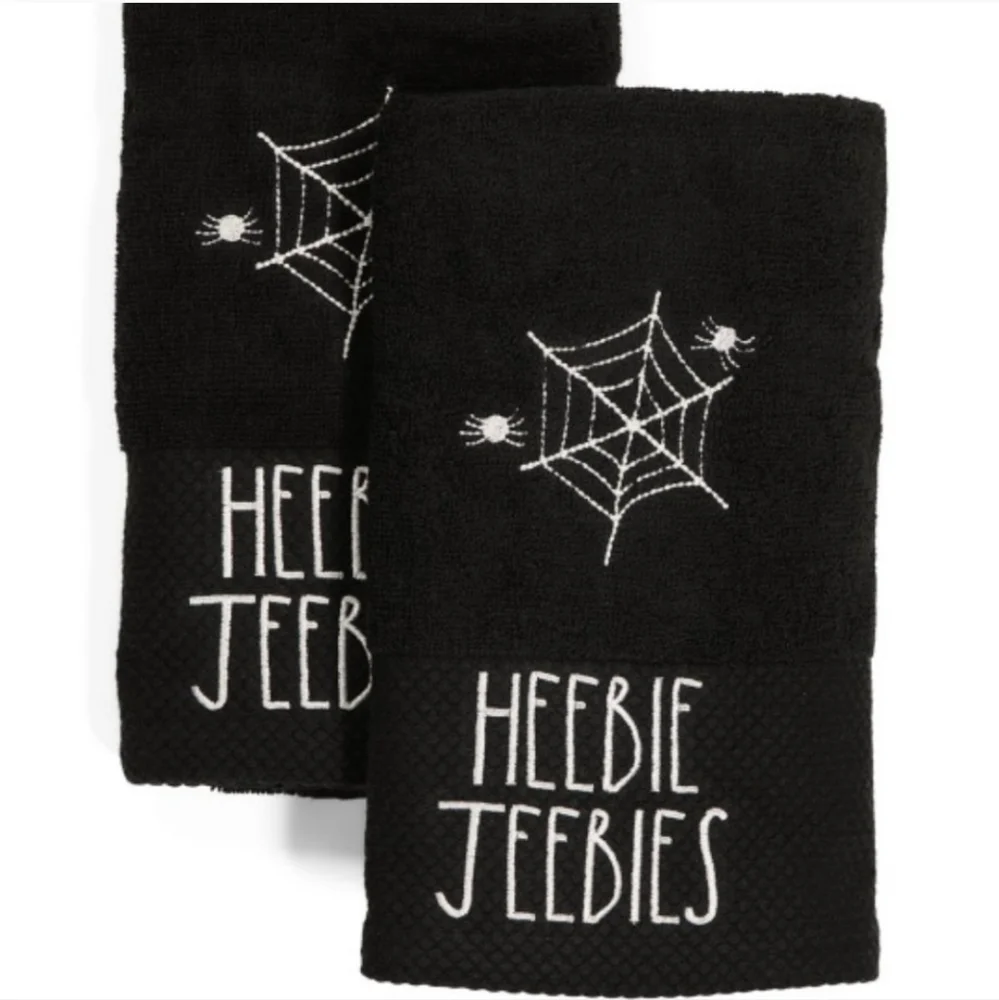 NEW Rae Dunn BLACK Heebie Jeebies Halloween Spider & Cobweb Hand Towels Set of 2